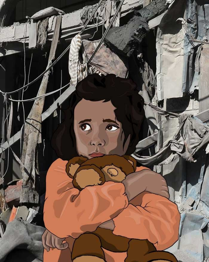 Hjelp barna i Gaza. Illustrasjon av barn med bamse.