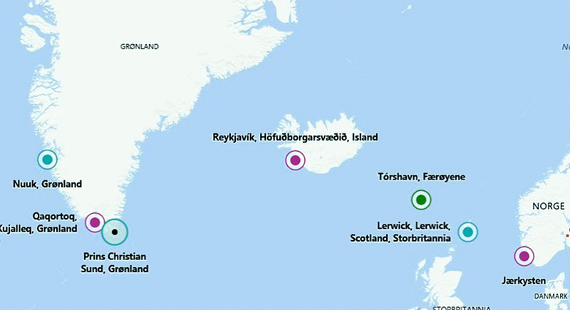 Kart over reiserute fra Norge til Grønnland