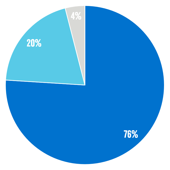 Kakediagram som viser inntektsfordelingen til Plan International Norge. 76 % fra faddere, 4 % donasjoner, 20 % fra Norad, UD m.fl