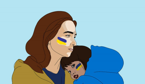 Illustrasjon: Mor og barn som rømmer fra krigen i Ukraina.