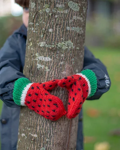 Selbuvotter for fred med vannmelon mønster. 