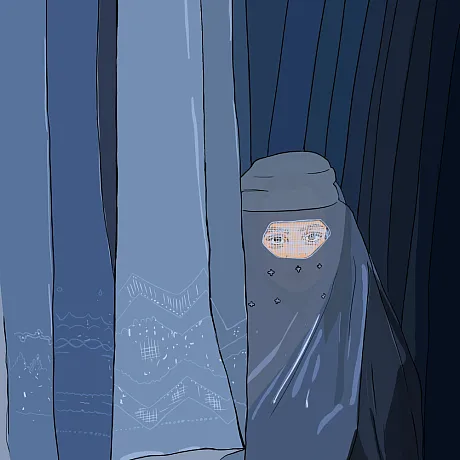 illustrasjon av jente dekket i Nikab bak en gardin