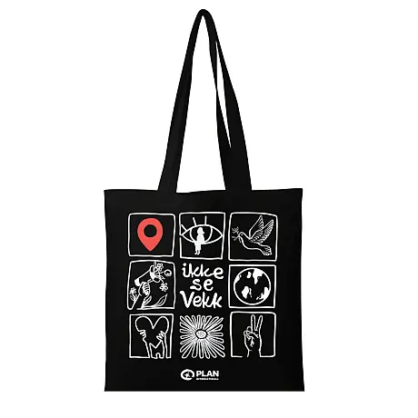 Svart handlenett med ulike illustrasjoner i hvitt.