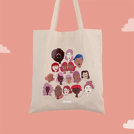 Naturfarget handlenett med illustrasjon av mange damer.