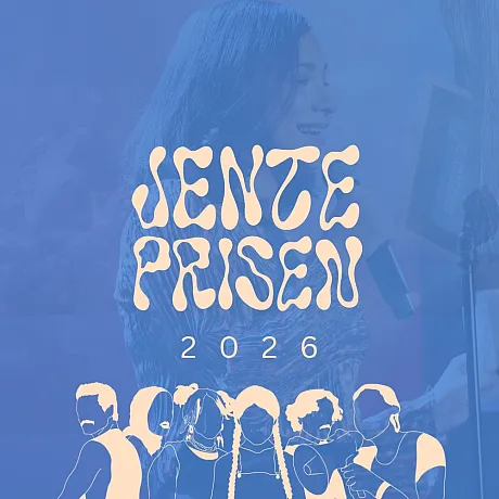 Blå Jenteprisen 2026 logo med lysegul tekst og illustrasjon av mennesker