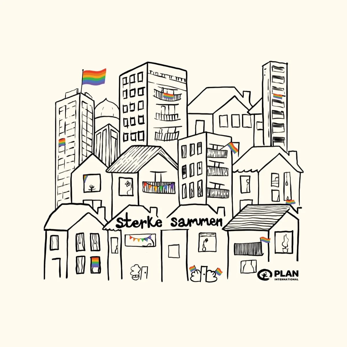 Gaver med mening: Handlenett Prideby. Motiv, hvit bakgrunn. Illustrasjon.