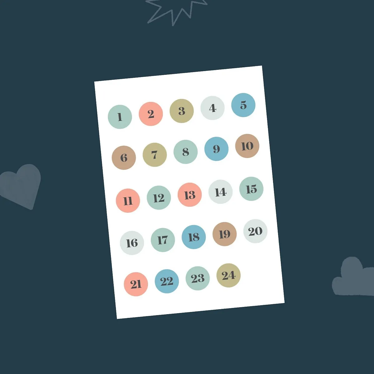 Gaver med mening: Klistremerker med nummer 1-24. Farget bakgrunn.