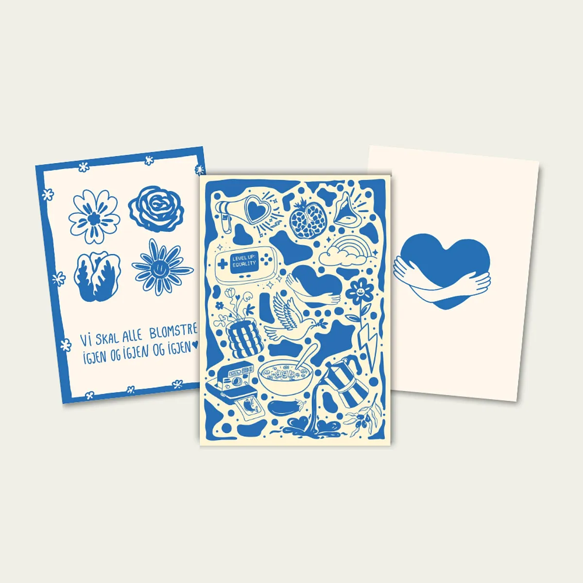 Gaver med mening: Kortpakke med tre kort. Illustrasjon.