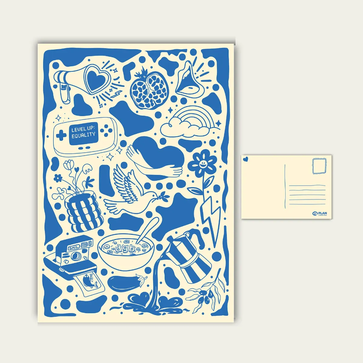 Gaver med mening: Postkort med ulike ikoner. Illustrasjon.