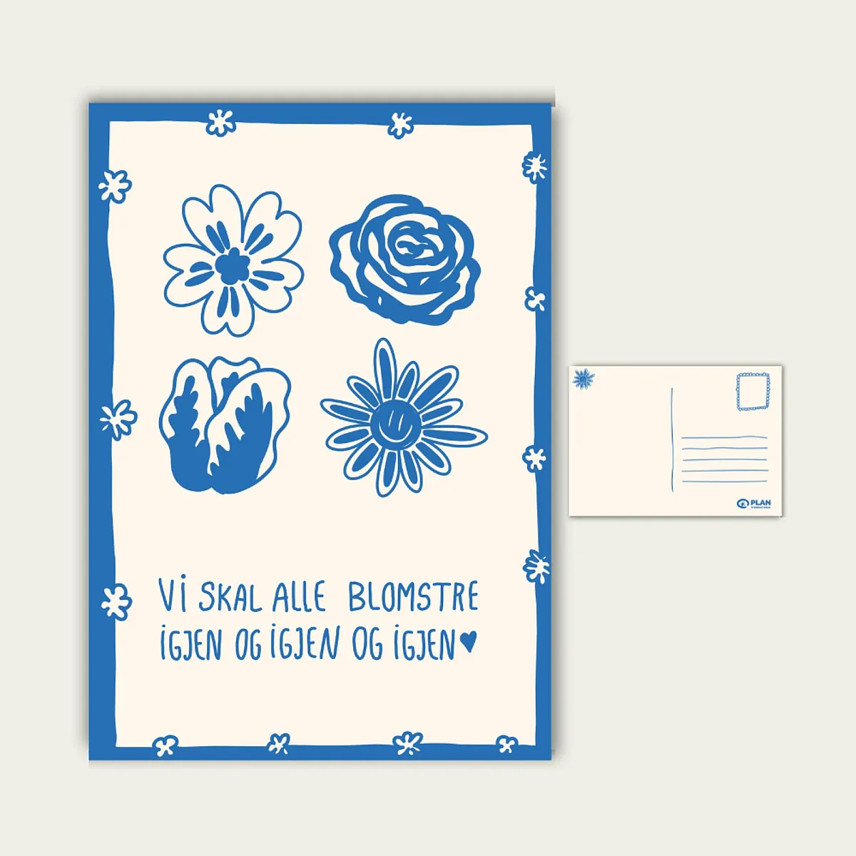 Gaver med mening: Postkort "Vi skal alle blomstre igjen og igjen og igjen." Illustrasjon.