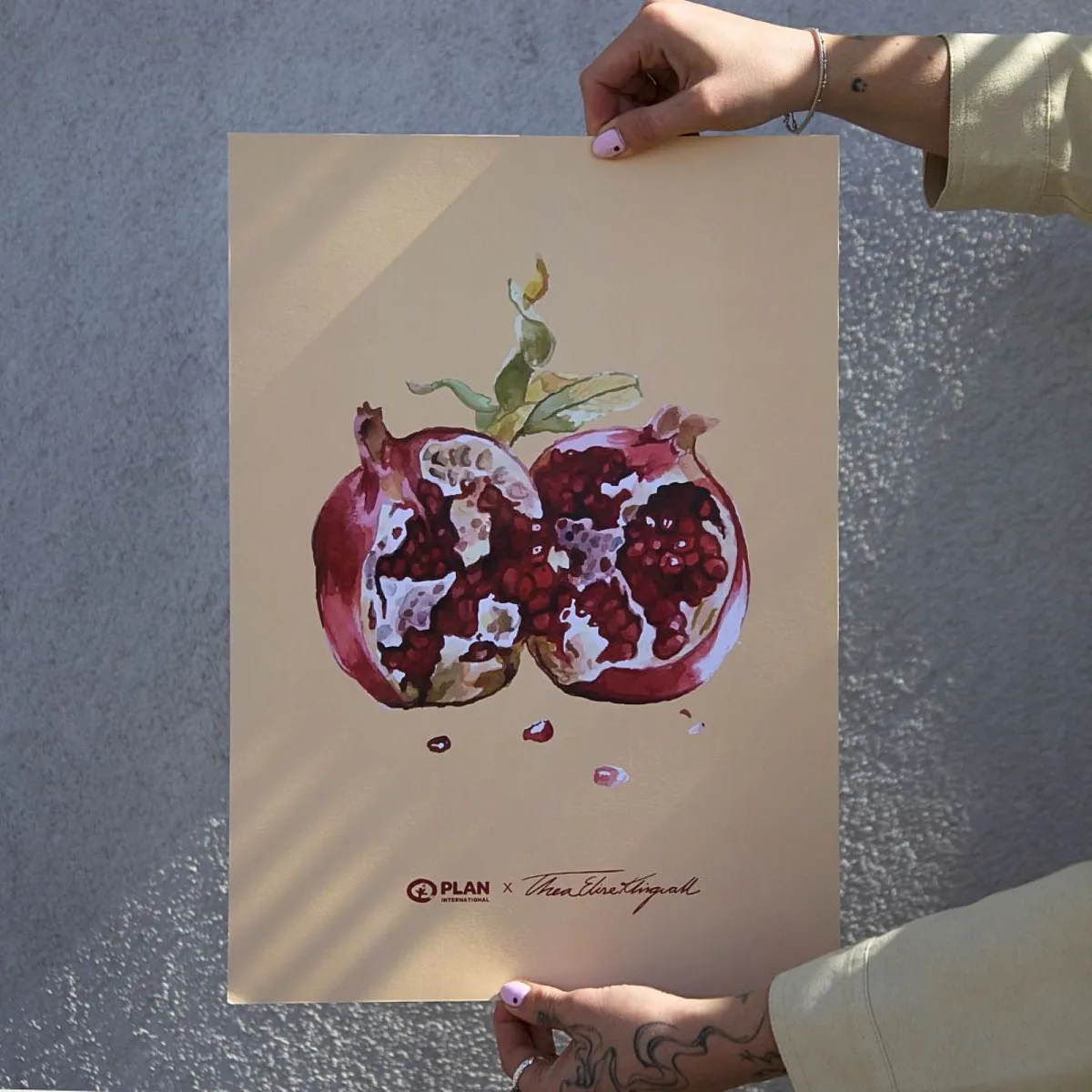 Gaver med mening: Plakat, Thea x granateple, gul, miljø. Foto.