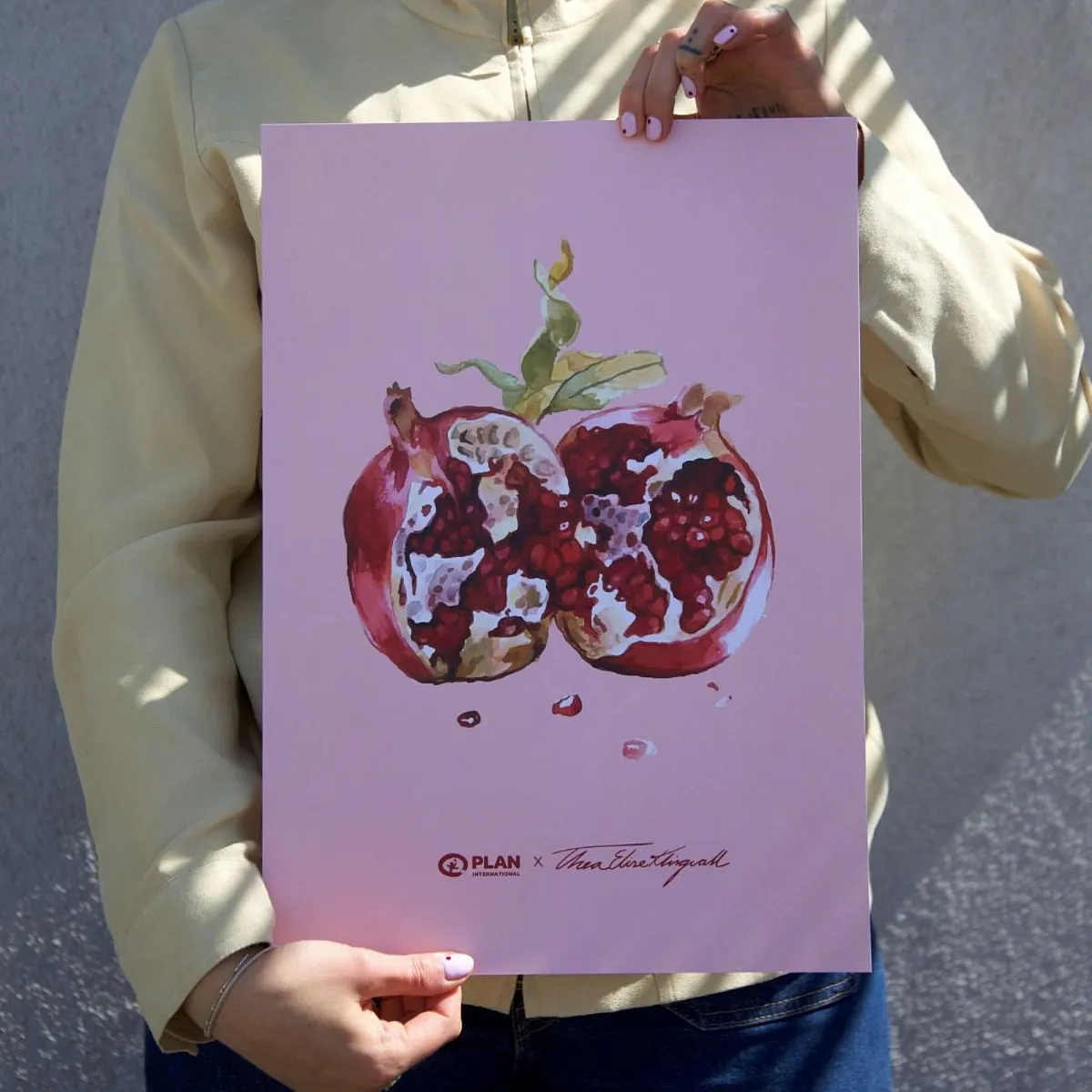 Gaver med mening: Plakat, Thea x granateple, rosa, miljø. Foto.
