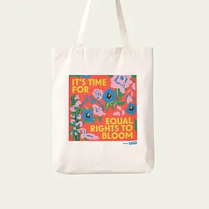 Gaver med mening: Handlenett "It's time for equal rights to bloom". Hvit bakgrunn.oto.