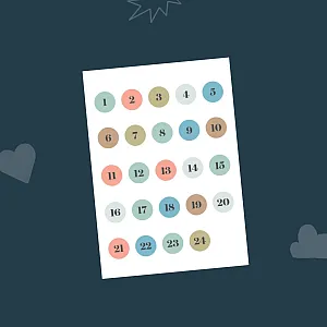 Gaver med mening: Klistremerker med nummer 1-24. Farget bakgrunn.