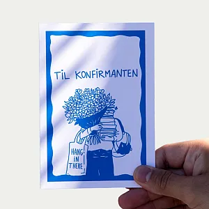 Gaver med mening: Konfirmasjonskort, illustrasjoner og tekst. Lys bakgrunn. Foto.