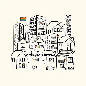 Gaver med mening: Handlenett Prideby. Motiv, hvit bakgrunn. Illustrasjon.