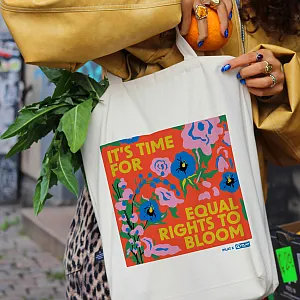 Gaver med mening: Handlenett "It's time for equal rights to bloom". Miljø. Foto.