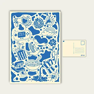 Gaver med mening: Postkort med ulike ikoner. Illustrasjon.